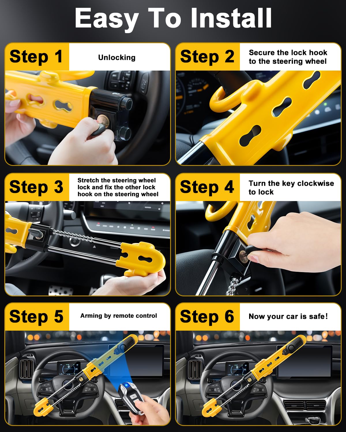 Steering Wheel Lock With 113Db Alarm, Electop Heavy Duty Anti-Theft Car Device Car Wheel Lock With Adjustable Locking And 3 Keys